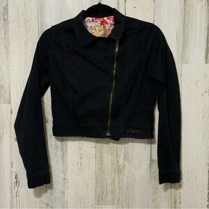 Sleek Black Slim Crop Jacket with Asymmetrical Zipper